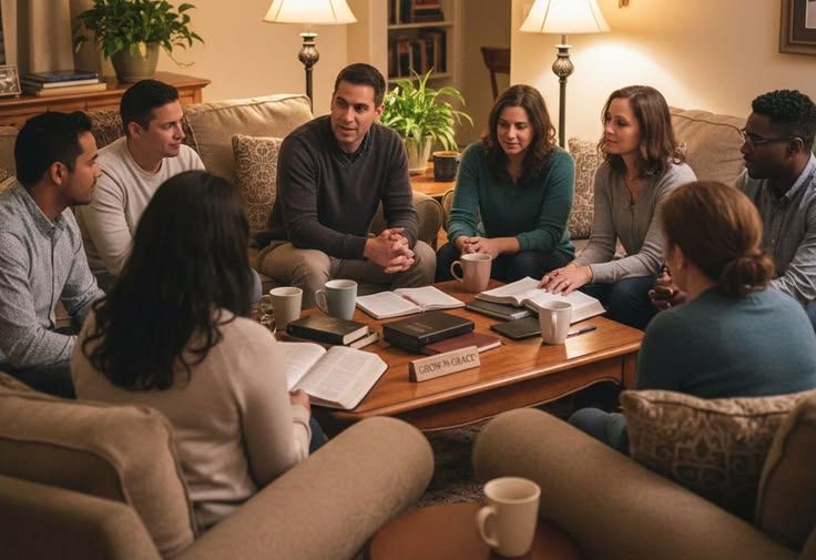 Group of people sitting in a living room having a home group discussion