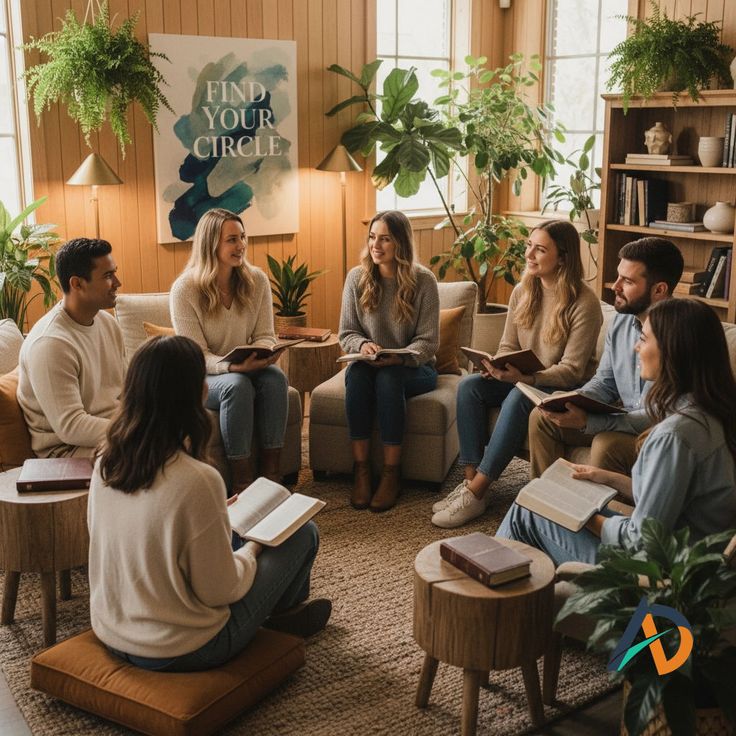 Group of people sitting in a living room having a home group discussion