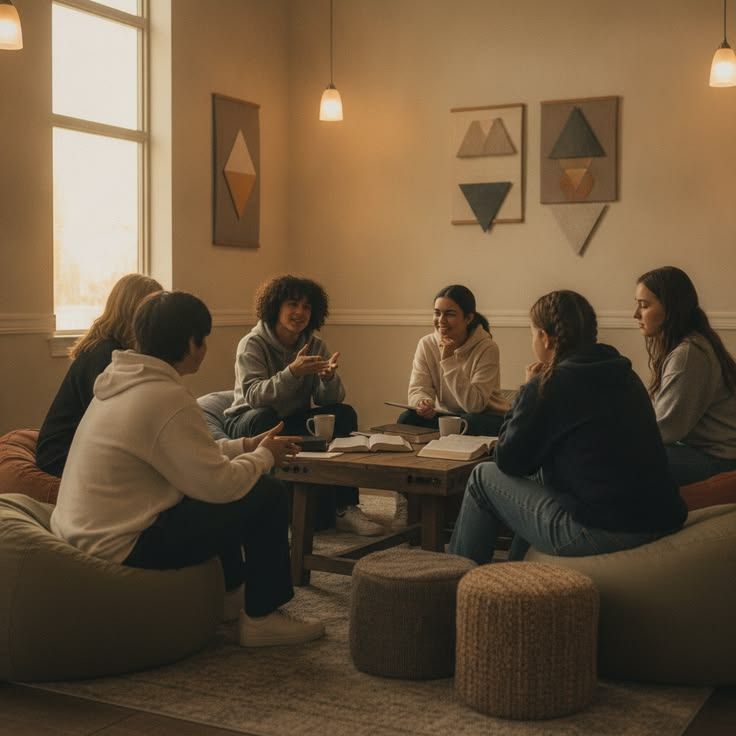 Group of people sitting in a living room having a home group discussion