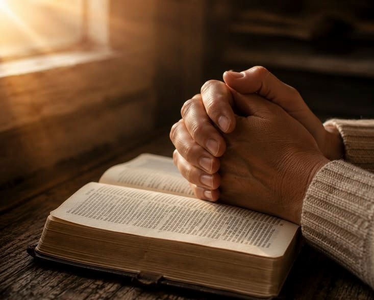 Hands clasped in prayer over a bible