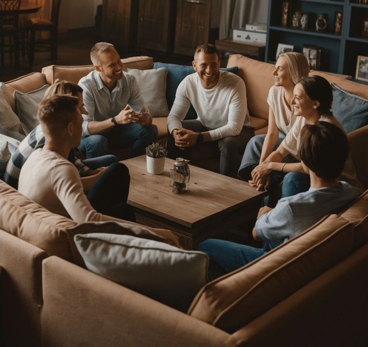 Group of people sitting in a living room having a home group discussion
