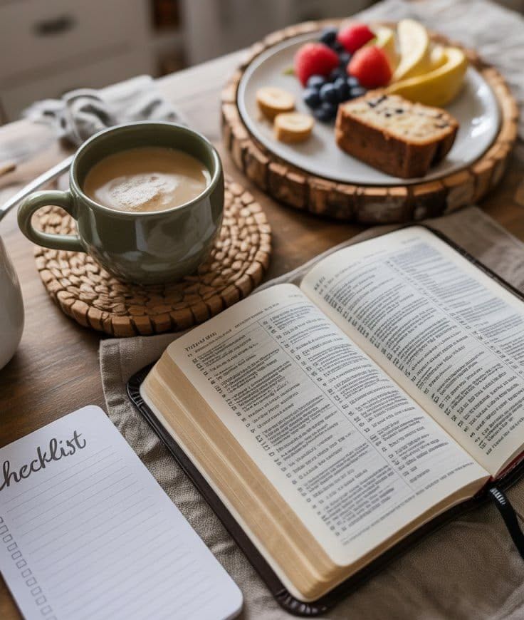 A hot drink and breakfast with a bible on a table ready for prayer